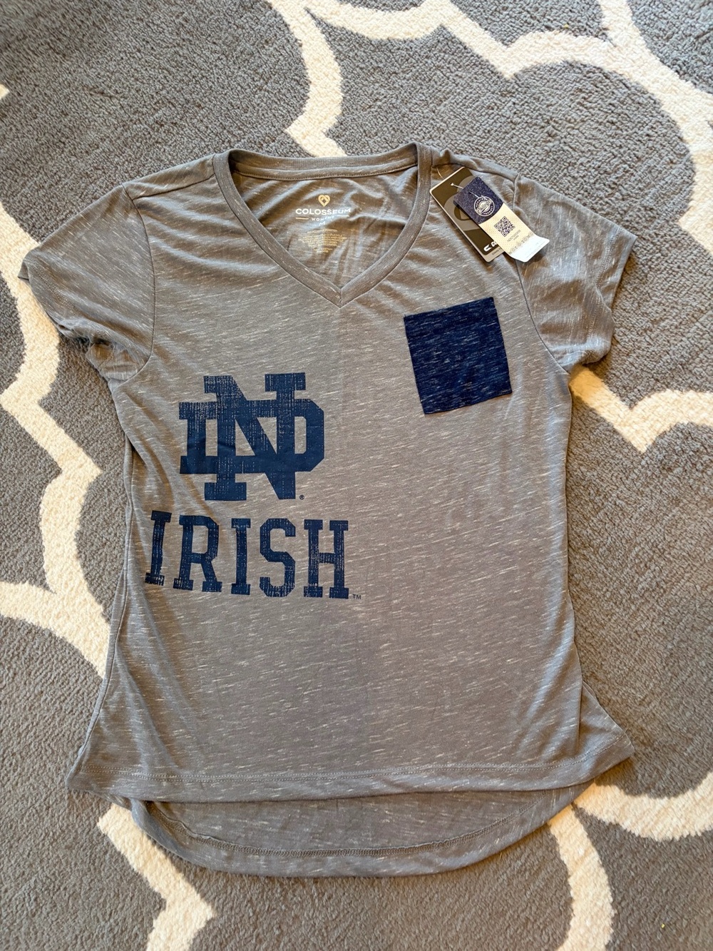 Colosseum Gray V-Neck Tee with Navy Pocket & ND Logo - Ladies